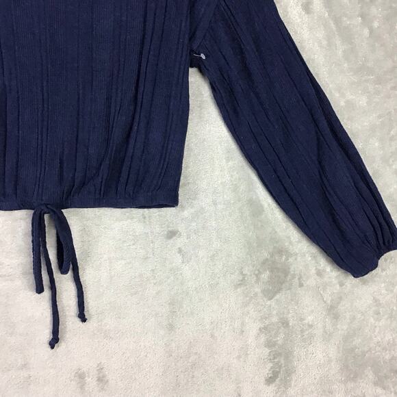 White Willow Women’s Navy Ribbed Long Sleeve Cropped Top Drawstring Hem Sz M - Picture 12 of 13